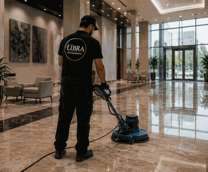 Worker polishing a commercial lobby floor